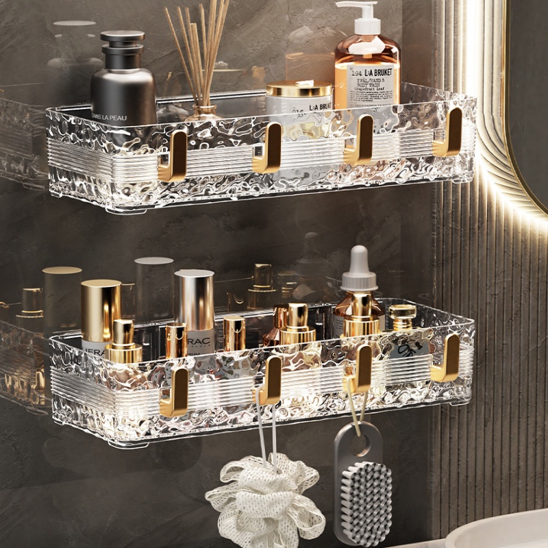 954824b8-fa27-4461-9cc1-3b19a6bab548 Acrylic Wave Patterned Storage Shelf with gold colored hooks - Image 1