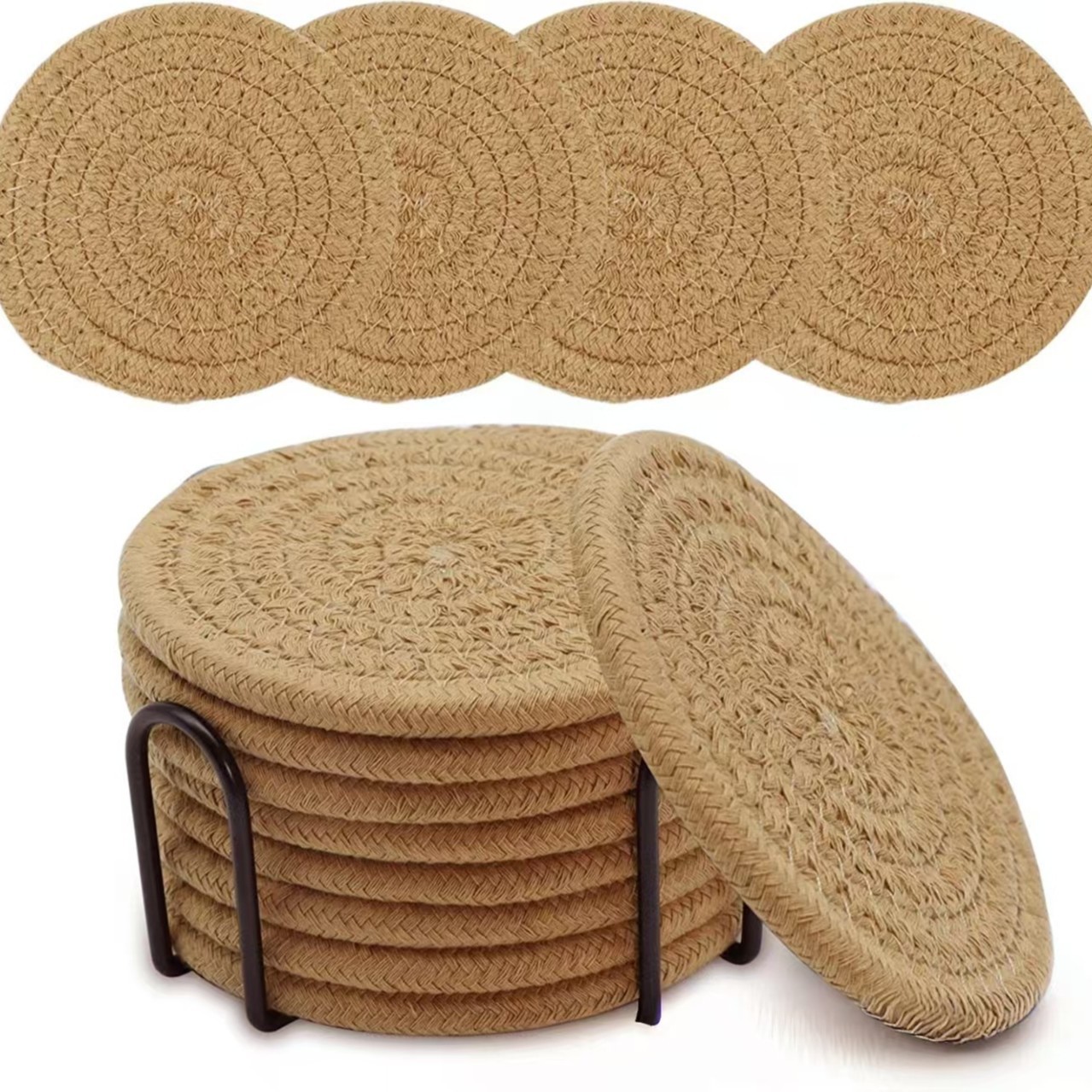 rattan brown 8pcs Hand-Woven Rattan Coasters with Metallic Holder - Image 1