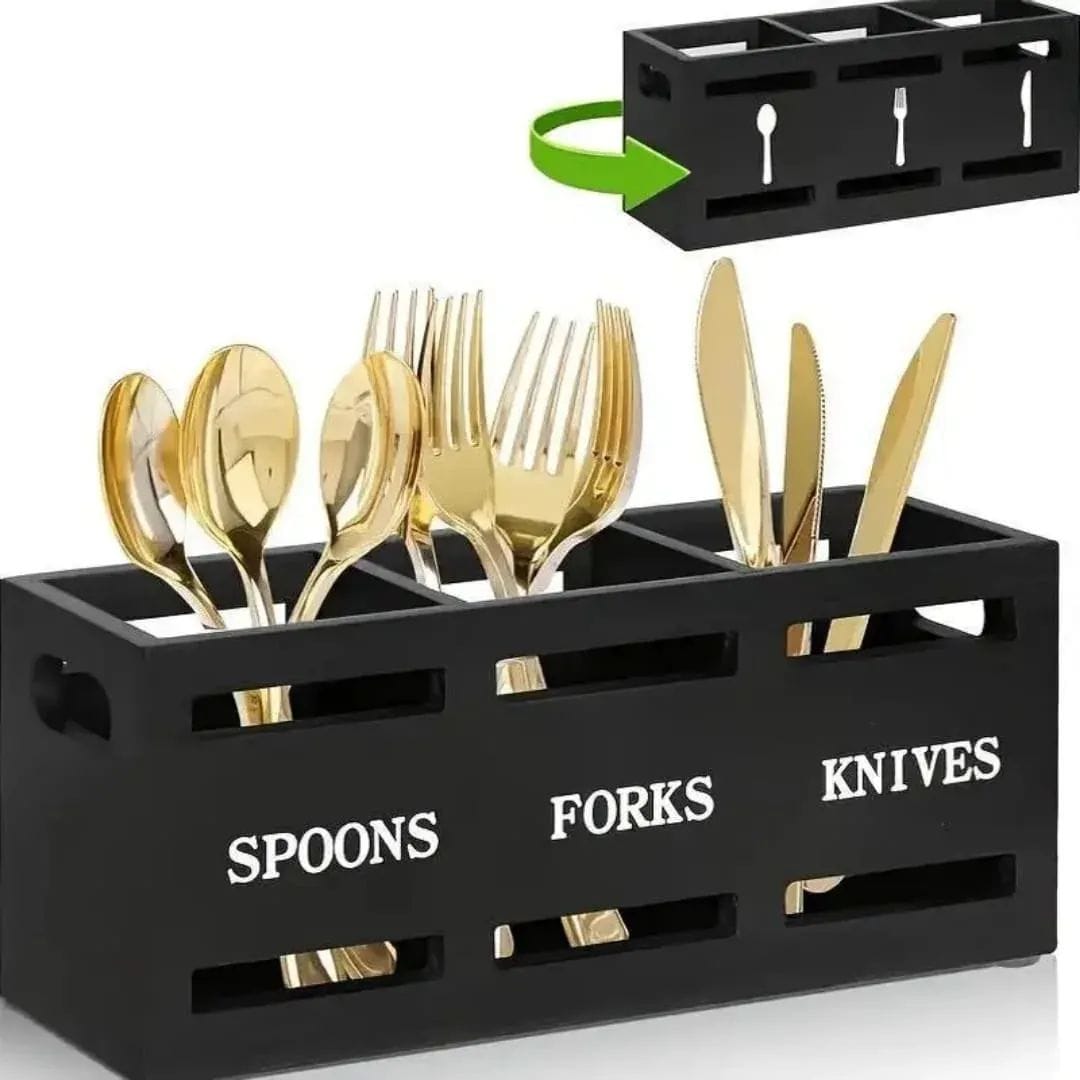 wooden cut black Wooden Cutlery Holder with 3 Compartments - Image 1