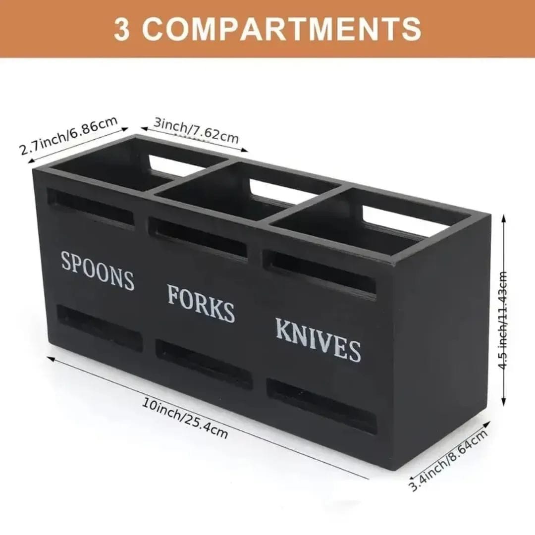wooden cut black1 Wooden Cutlery Holder with 3 Compartments - Image 2