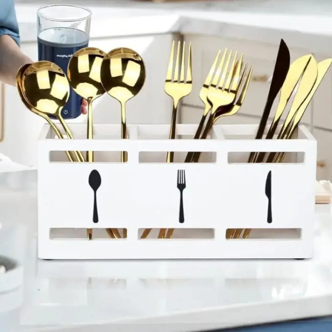 wooden cut white Wooden Cutlery Holder with 3 Compartments - Image 3