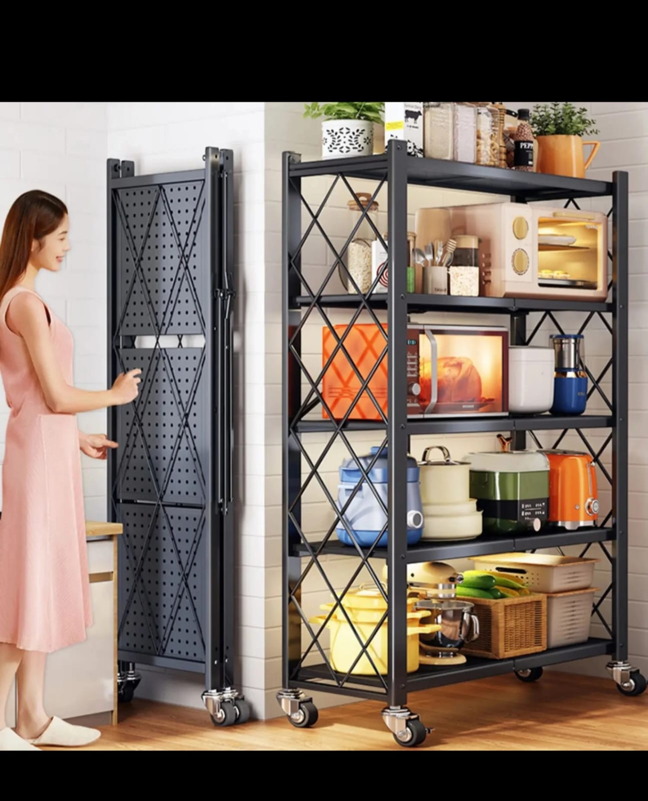 5-Tier Foldable 5-Tier Foldable Kitchen Rack with Wheels - Image 1