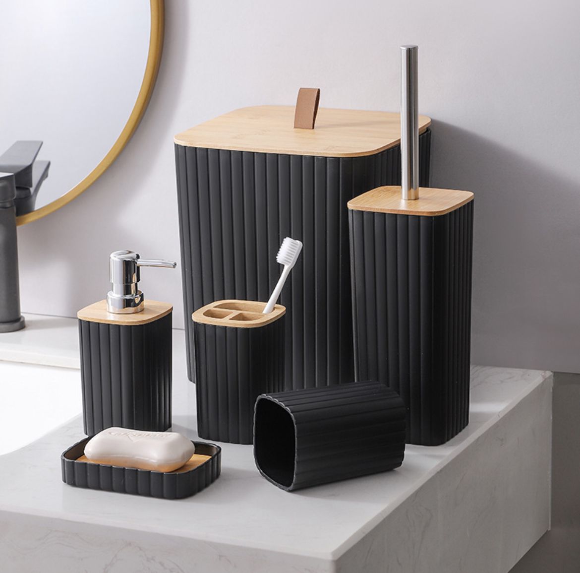 6 in 1 6-in-1 Premium Bathroom Accessories Set with Wooden Top Finish - Image 1