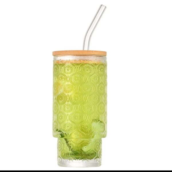 Highball Crystal Ribbed Glasses with Bamboo Lid & Straws – 4pcs Set