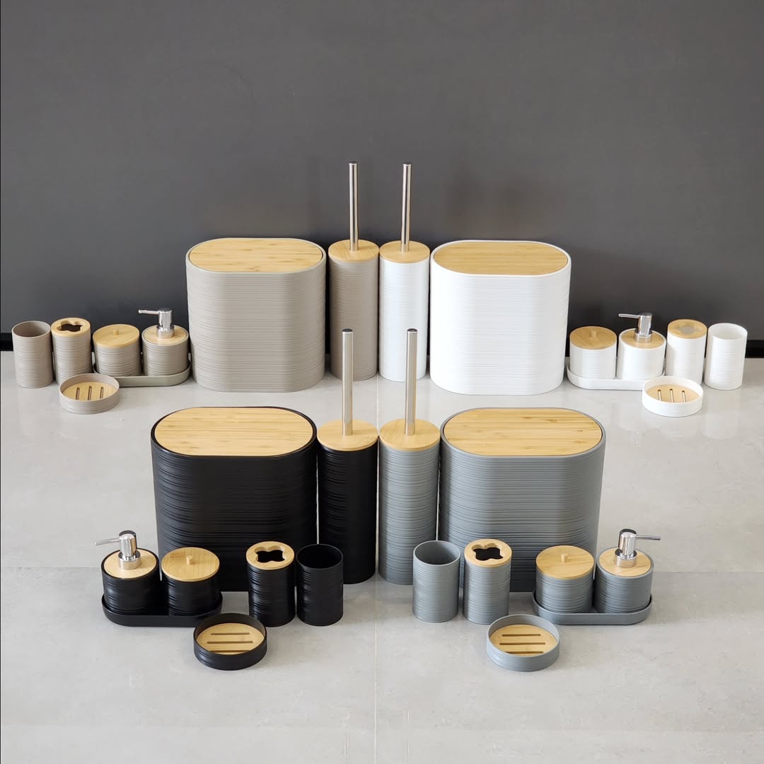 Luxury Bamboo 8pcs Luxury Bamboo Plastic Bathroom Accessories Set - Image 2