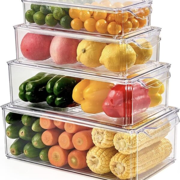 4pcs BPA-Free Stackable Acrylic Fridge Organizer Bins with Lids